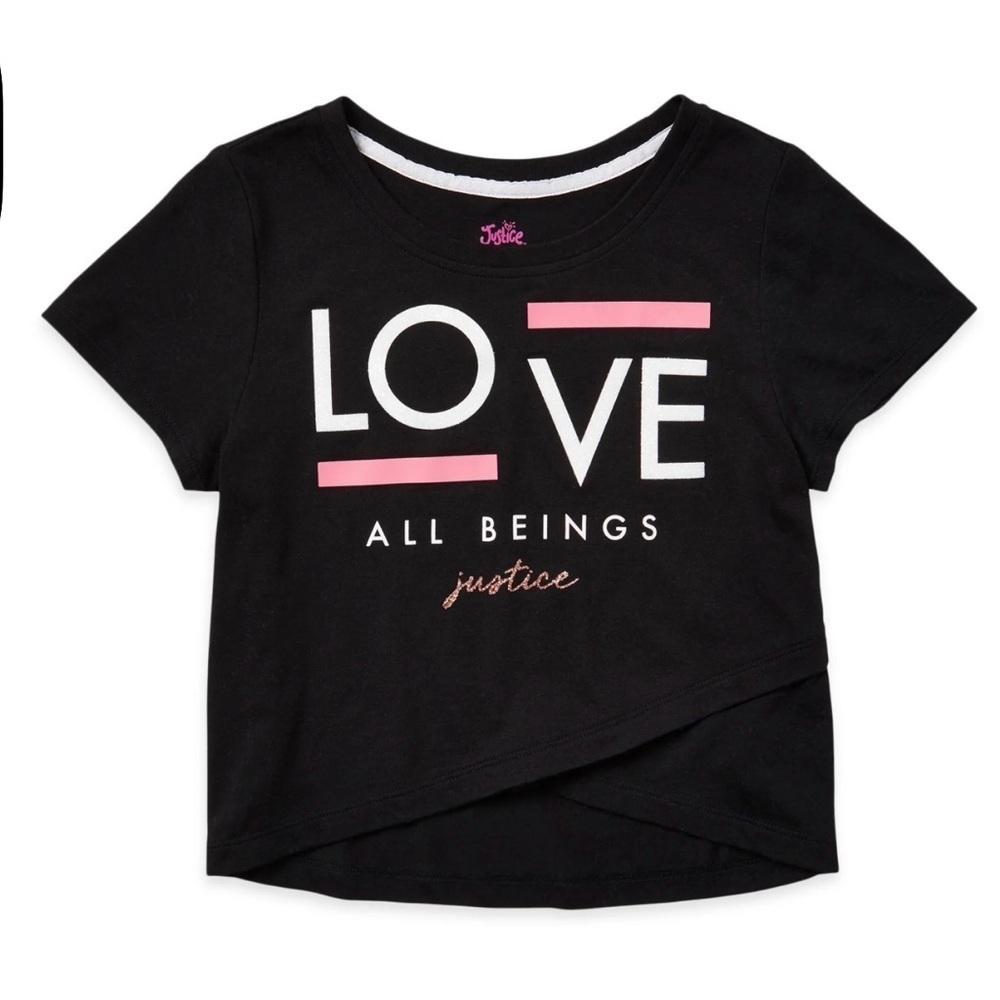 Justice Black Tee with Pink and White Accents